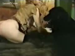 A brute drills a sexy milf wearing dark nylon pants from behind.
